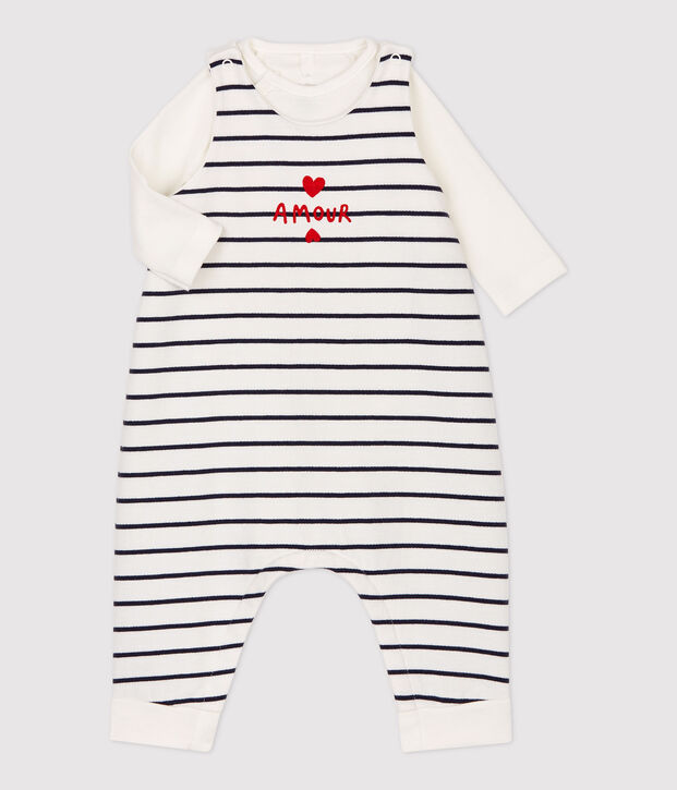 Tweedelige marini&egrave;re set voor baby's van biologisch katoen wit/blauw